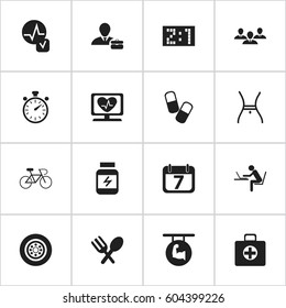 Set Of 16 Editable Complicated Icons. Includes Symbols Such As Velocipede, Result, Biceps And More. Can Be Used For Web, Mobile, UI And Infographic Design.