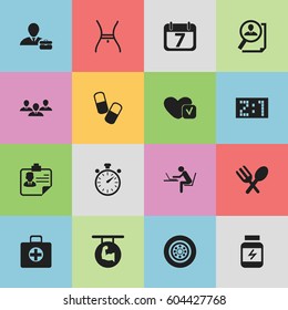 Set Of 16 Editable Complicated Icons. Includes Symbols Such As Cutlery, Tire, Drug And More. Can Be Used For Web, Mobile, UI And Infographic Design.