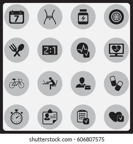 Set Of 16 Editable Complicated Icons. Includes Symbols Such As Heart Rhythm, Tire, Programmer And More. Can Be Used For Web, Mobile, UI And Infographic Design.