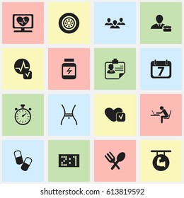 Set Of 16 Editable Complicated Icons. Includes Symbols Such As Chronometer, Programmer, Tire And More. Can Be Used For Web, Mobile, UI And Infographic Design.