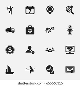 Set Of 16 Editable Complicated Icons. Includes Symbols Such As Racket, Achievement, Position And More. Can Be Used For Web, Mobile, UI And Infographic Design.