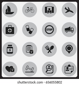 Set Of 16 Editable Complicated Icons. Includes Symbols Such As First Aid Box, Position, Drug And More. Can Be Used For Web, Mobile, UI And Infographic Design.