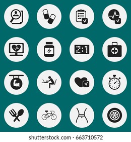 Set Of 16 Editable Complicated Icons. Includes Symbols Such As Biceps, Heart Rhythm, Drug And More. Can Be Used For Web, Mobile, UI And Infographic Design.