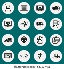 Set Of 16 Editable Complicated Icons. Includes Symbols Such As Camion, Achievement, Search And More. Can Be Used For Web, Mobile, UI And Infographic Design.