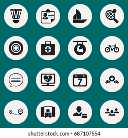 Set Of 16 Editable Complicated Icons. Includes Symbols Such As Tire, Award, First Aid Box And More. Can Be Used For Web, Mobile, UI And Infographic Design.