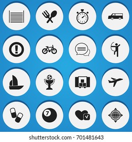 Set Of 16 Editable Complicated Icons. Includes Symbols Such As Aircraft, Bicycle, Blank And More. Can Be Used For Web, Mobile, UI And Infographic Design.