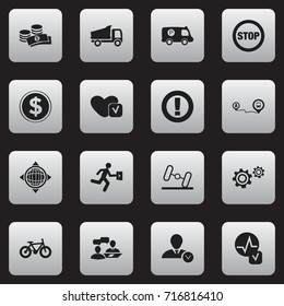Set Of 16 Editable Complicated Icons. Includes Symbols Such As Coins, Navigation, Bicycle And More. Can Be Used For Web, Mobile, UI And Infographic Design.