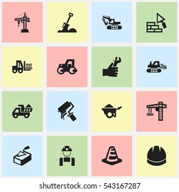 Set Of 16 Editable Construction Icons. Includes Symbols Such As Scrub, Lifting Equipment, Camion And More. Can Be Used For Web, Mobile, UI And Infographic Design.