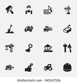 Set Of 16 Editable Construction Icons. Includes Symbols Such As Lifting Equipment, Scrub, Camion And More. Can Be Used For Web, Mobile, UI And Infographic Design.