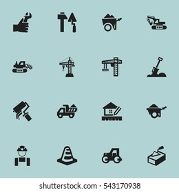 Set Of 16 Editable Construction Icons. Includes Symbols Such As Hands , Construction Tools, Camion. Can Be Used For Web, Mobile, UI And Infographic Design.