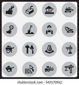 Set Of 16 Editable Construction Icons. Includes Symbols Such As Endurance, Trolley, Truck And More. Can Be Used For Web, Mobile, UI And Infographic Design.
