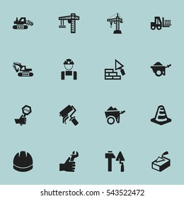 Set Of 16 Editable Construction Icons. Includes Symbols Such As Elevator, Endurance, Excavation Machine And More. Can Be Used For Web, Mobile, UI And Infographic Design.