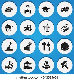 Set Of 16 Editable Construction Icons. Includes Symbols Such As Construction Tools, Spatula, Scrub And More. Can Be Used For Web, Mobile, UI And Infographic Design.