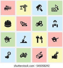 Set Of 16 Editable Construction Icons. Includes Symbols Such As Hardhat, Camion, Employee And More. Can Be Used For Web, Mobile, UI And Infographic Design.
