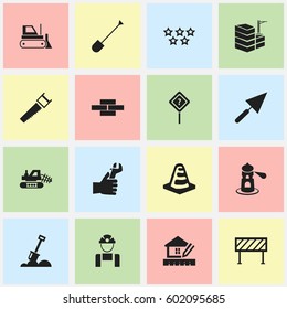 Set Of 16 Editable Construction Icons. Includes Symbols Such As Building, Hands , Stone. Can Be Used For Web, Mobile, UI And Infographic Design.