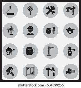 Set Of 16 Editable Construction Icons. Includes Symbols Such As Roller, Worker, Balcony And More. Can Be Used For Web, Mobile, UI And Infographic Design.