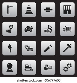 Set Of 16 Editable Construction Icons. Includes Symbols Such As Hammer, Architecture, Facing And More. Can Be Used For Web, Mobile, UI And Infographic Design.