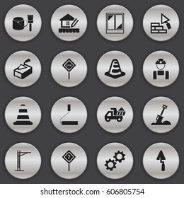 Set Of 16 Editable Construction Icons. Includes Symbols Such As Warning Cone, Hoisting Machine, Employee And More. Can Be Used For Web, Mobile, UI And Infographic Design.