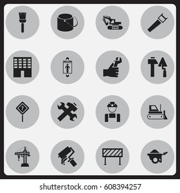 Set Of 16 Editable Construction Icons. Includes Symbols Such As Hands , Architecture, Excavation Machine. Can Be Used For Web, Mobile, UI And Infographic Design.