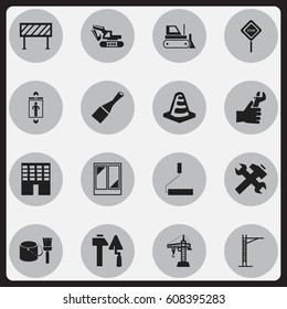 Set Of 16 Editable Construction Icons. Includes Symbols Such As Barrier, Notice Object, Brush With Bucket And More. Can Be Used For Web, Mobile, UI And Infographic Design.