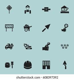 Set Of 16 Editable Construction Icons. Includes Symbols Such As Camion , Excavation Machine , Handcart. Can Be Used For Web, Mobile, UI And Infographic Design.