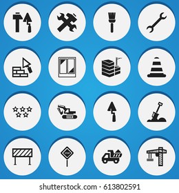 Set Of 16 Editable Construction Icons. Includes Symbols Such As Trowel, Oar, Excavation Machine And More. Can Be Used For Web, Mobile, UI And Infographic Design.