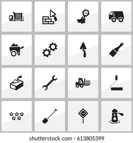 Set Of 16 Editable Construction Icons. Includes Symbols Such As Roller, Chisel, Spatula And More. Can Be Used For Web, Mobile, UI And Infographic Design.