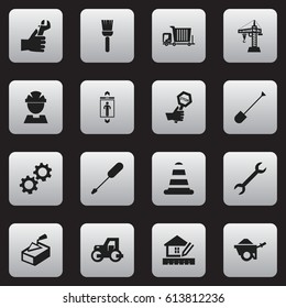 Set Of 16 Editable Construction Icons. Includes Symbols Such As Worker, Trolley, Warning Cone And More. Can Be Used For Web, Mobile, UI And Infographic Design.