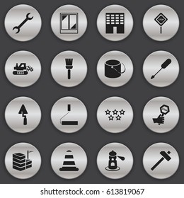 Set Of 16 Editable Construction Icons. Includes Symbols Such As Architecture, Seamark, Warning Cone And More. Can Be Used For Web, Mobile, UI And Infographic Design.