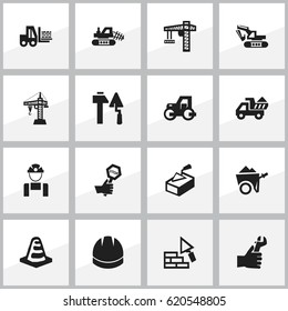 Set Of 16 Editable Construction Icons. Includes Symbols Such As Camion, Spatula, Lifting Equipment And More. Can Be Used For Web, Mobile, UI And Infographic Design.