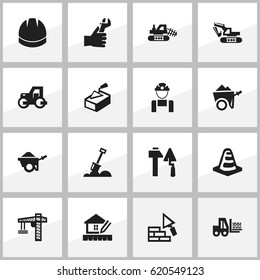 Set Of 16 Editable Construction Icons. Includes Symbols Such As Truck, Excavation Machine, Home Scheduling And More. Can Be Used For Web, Mobile, UI And Infographic Design.