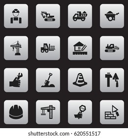 Set Of 16 Editable Construction Icons. Includes Symbols Such As Elevator, Excavation Machine, Camion And More. Can Be Used For Web, Mobile, UI And Infographic Design.