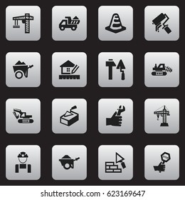 Set Of 16 Editable Construction Icons. Includes Symbols Such As Facing, Endurance, Mule And More. Can Be Used For Web, Mobile, UI And Infographic Design.