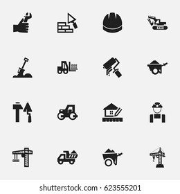 Set Of 16 Editable Construction Icons. Includes Symbols Such As Hands , Caterpillar, Excavation Machine. Can Be Used For Web, Mobile, UI And Infographic Design.
