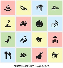 Set Of 16 Editable Construction Icons. Includes Symbols Such As Excavation Machine, Hardhat, Spatula And More. Can Be Used For Web, Mobile, UI And Infographic Design.