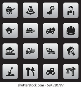 Set Of 16 Editable Construction Icons. Includes Symbols Such As Home Scheduling, Caterpillar, Trolley And More. Can Be Used For Web, Mobile, UI And Infographic Design.
