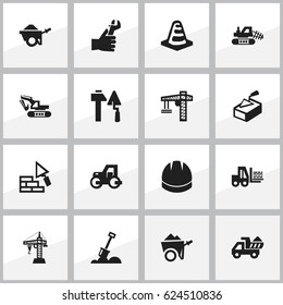 Set Of 16 Editable Construction Icons. Includes Symbols Such As Notice Object, Excavation Machine, Trolley And More. Can Be Used For Web, Mobile, UI And Infographic Design.