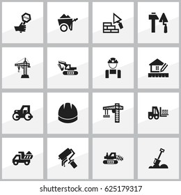 Set Of 16 Editable Construction Icons. Includes Symbols Such As Oar ,  Lifting Equipment, Handcart. Can Be Used For Web, Mobile, UI And Infographic Design.