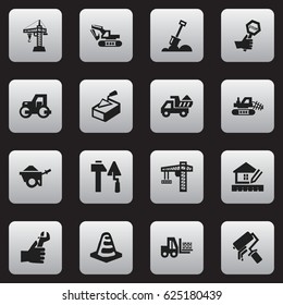 Set Of 16 Editable Construction Icons. Includes Symbols Such As Construction Tools, Scrub, Caterpillar And More. Can Be Used For Web, Mobile, UI And Infographic Design.