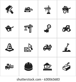 Set Of 16 Editable Construction Icons. Includes Symbols Such As Hardhat, Scrub, Mule And More. Can Be Used For Web, Mobile, UI And Infographic Design.