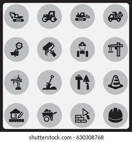 Set Of 16 Editable Construction Icons. Includes Symbols Such As Elevator, Camion, Employee And More. Can Be Used For Web, Mobile, UI And Infographic Design.