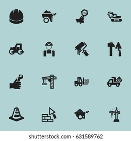 Set Of 16 Editable Construction Icons. Includes Symbols Such As Elevator, Notice Object, Trolley And More. Can Be Used For Web, Mobile, UI And Infographic Design.