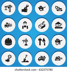 Set Of 16 Editable Construction Icons. Includes Symbols Such As Trolley , Elevator, Handcart. Can Be Used For Web, Mobile, UI And Infographic Design.
