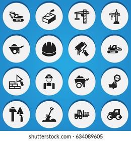 Set Of 16 Editable Construction Icons. Includes Symbols Such As Spatula, Truck, Trolley And More. Can Be Used For Web, Mobile, UI And Infographic Design.