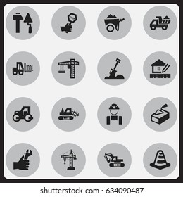 Set Of 16 Editable Construction Icons. Includes Symbols Such As Oar , Hands , Excavation Machine. Can Be Used For Web, Mobile, UI And Infographic Design.