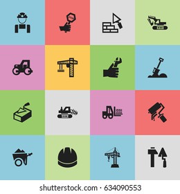 Set Of 16 Editable Construction Icons. Includes Symbols Such As Scrub, Lifting Equipment, Oar And More. Can Be Used For Web, Mobile, UI And Infographic Design.