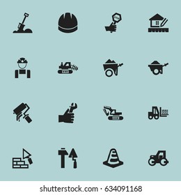 Set Of 16 Editable Construction Icons. Includes Symbols Such As Facing, Hands , Endurance. Can Be Used For Web, Mobile, UI And Infographic Design.