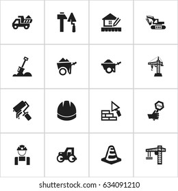 Set Of 16 Editable Construction Icons. Includes Symbols Such As Excavation Machine, Camion, Elevator And More. Can Be Used For Web, Mobile, UI And Infographic Design.