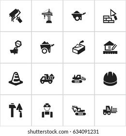 Set Of 16 Editable Construction Icons. Includes Symbols Such As Truck, Mule, Employee And More. Can Be Used For Web, Mobile, UI And Infographic Design.