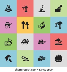 Set Of 16 Editable Construction Icons including Symbols Such As Construction Tools, Camion, Mule And More. Can Be Used For Web, Mobile, UI And Infographic Design.